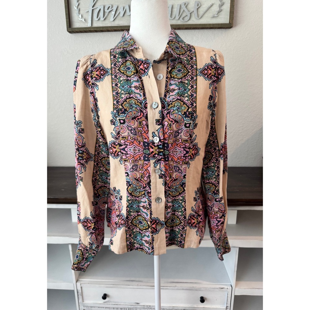Love The Label Calla Top Martine Medallion Top 100% Linen Button Down Size S